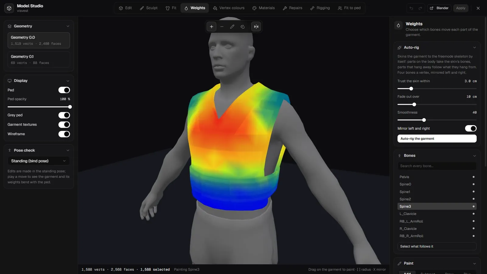 Model Studio in Weights mode showing a vest coloured by bone weight, with the auto-rig settings and bone list