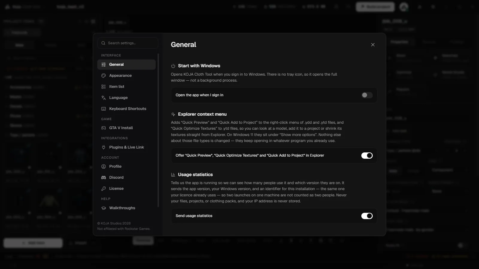Settings, General page, with the Explorer context menu switch for Quick Preview, Quick Optimize Textures and Quick Add to Project