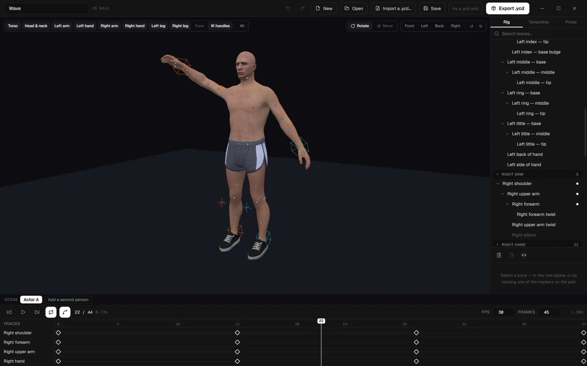The Animation Creator, control rig on the ped with a timeline below