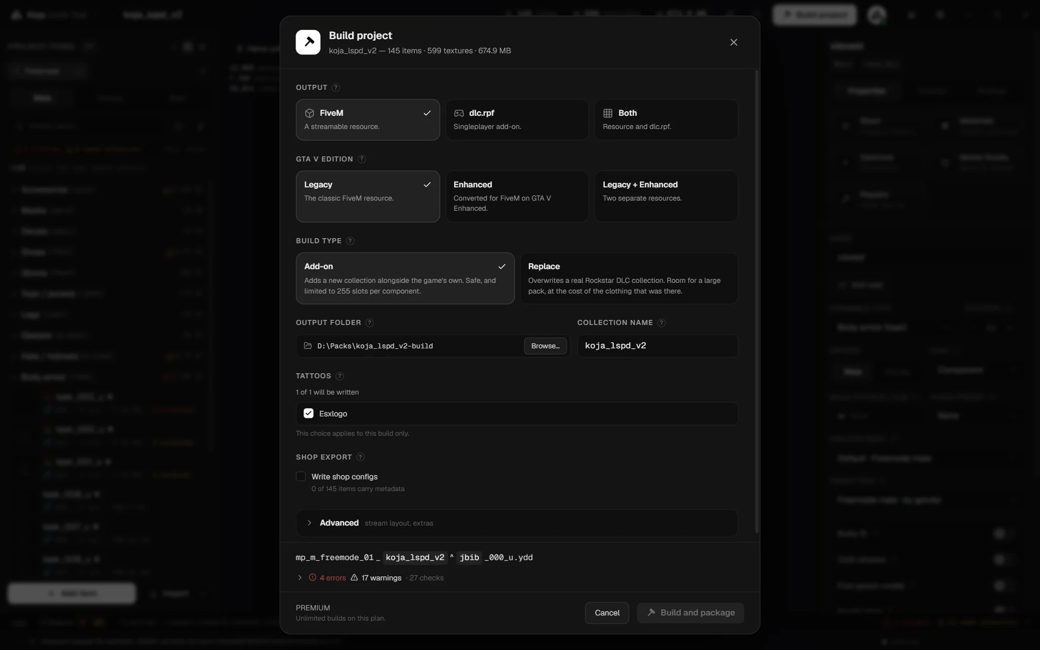 The Build project window with Output, GTA V edition, Build type, Output folder and Collection name