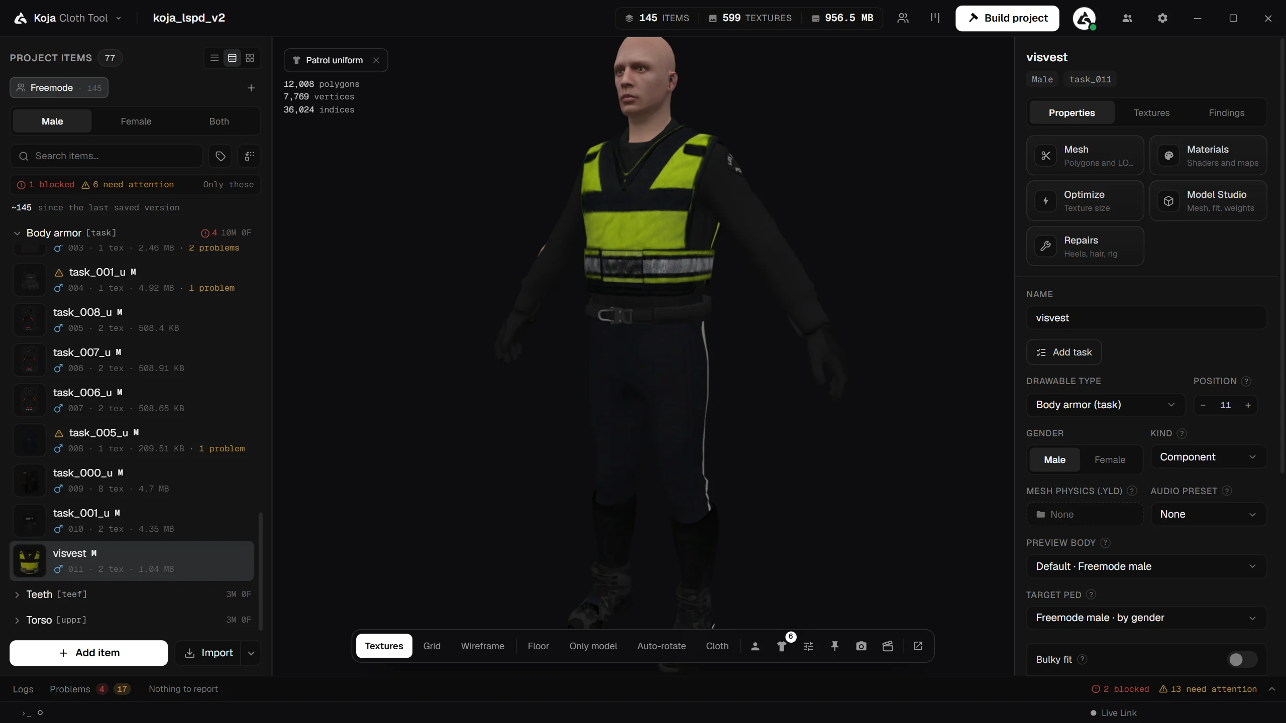 The main window: top bar, item list on the left, 3D preview in the centre, item editor on the right and the bottom panel