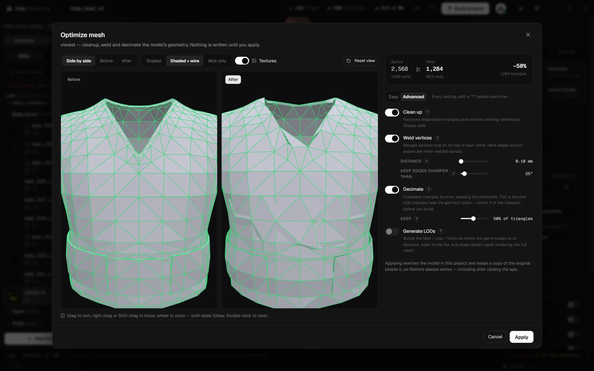 The Mesh Optimizer showing before and after wireframes