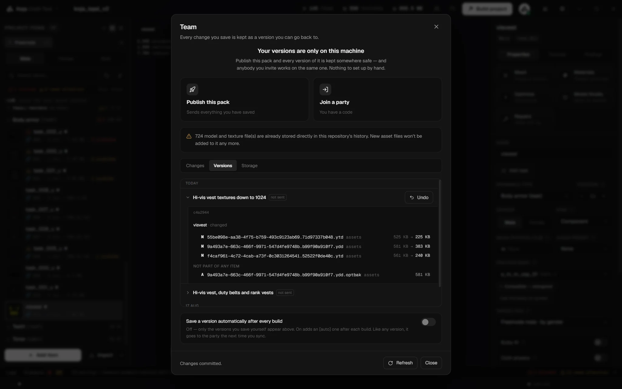 Project version history with changed files and sizes